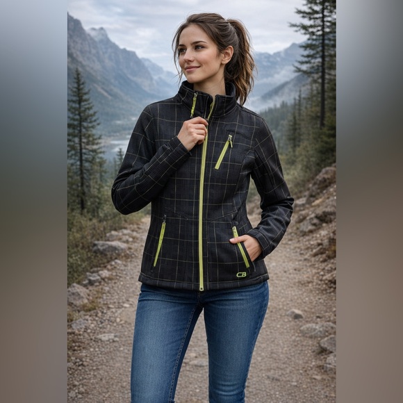 CB Sport Black Plaid Softshell Jacket Windbreaker Golf Athletic Spring Layer MED - Picture 7 of 8
